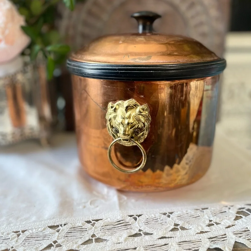 Vintage Copper Gold lions head ice bucket barware